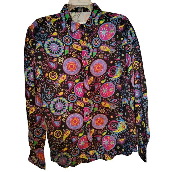 NWT Parklees XL Retro Circle Abstract Print Shirt, Button, Cotton Linen Blend - Picture 1 of 6